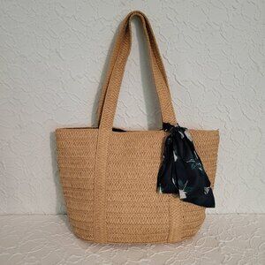 Draper James Everyday Straw Tote Bag with Blue Magnolia Scarf